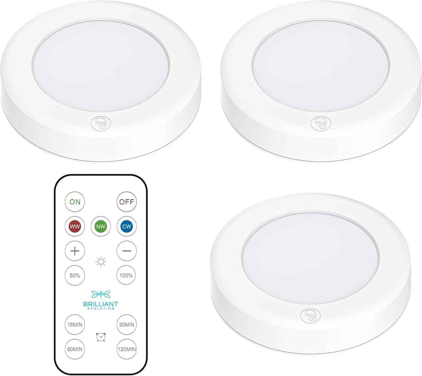 Brilliant Evolution Wireless LED Puck Light 3 Pack – Living Room Aesthetic Lighting with Remote Dimmable Glow