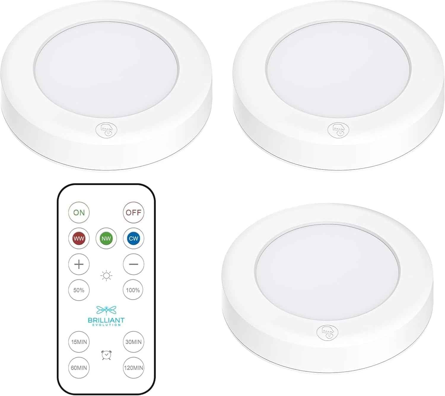 Brilliant Evolution Wireless LED Puck Light 3 Pack – Living Room Aesthetic Lighting with Remote Dimmable Glow