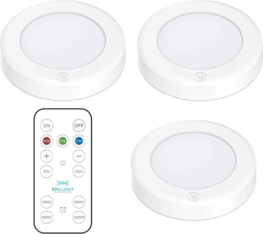 Brilliant Evolution Wireless LED Puck Light 3 Pack – Living Room Aesthetic Lighting with Remote Dimmable Glow