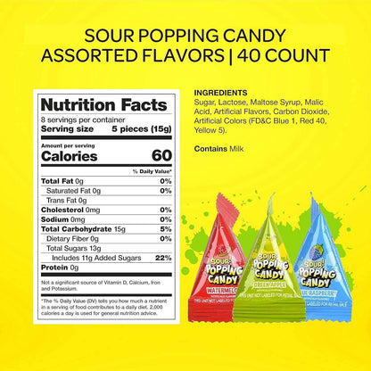 Sour Popping Rocks - Ready-to-Give Party Favor Candy for Birthday Goody Bags, Piñata Fillers, and Classroom Celebrations - 40 Individually Wrapped Pouches