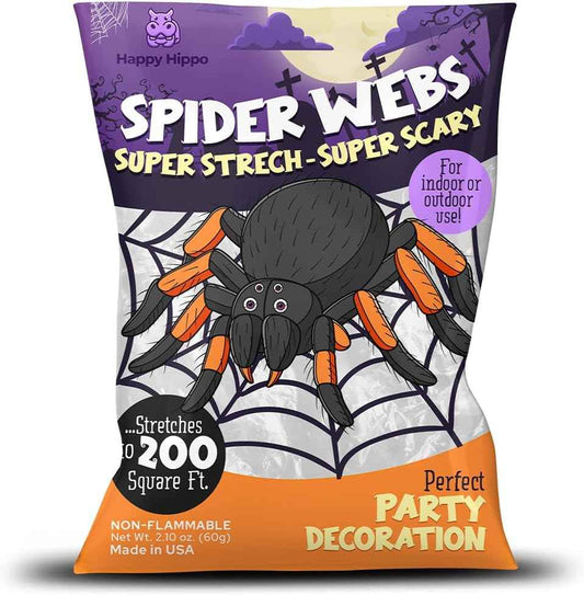 Happy Hippo Spider Web Halloween Decoration – Nursery-Safe Family Decor, Soft Webbing with Plastic Spiders for Kids' Rooms