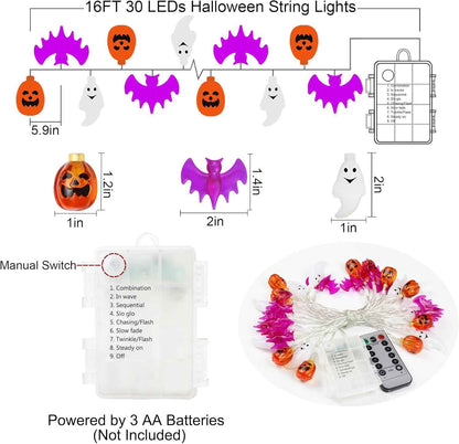 LampLustre Halloween Lights Battery Operated - 3D Pumpkin Bat Ghost String Lights for Cozy Living Room Autumn Decor, 16FT 30 LED Indoor Mood Lighting with Remote