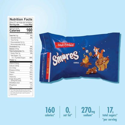 Malt-O-Meal S'mores Cereal – Portable Sweet Snack for Camping Trips and Picnic Baskets, 30 oz Resealable Bag