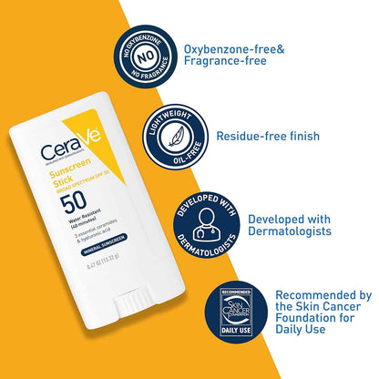 CeraVe Mineral Sunscreen Stick SPF 50 – Portable Sun Protection for Beach Days, Camping Trips & Hiking