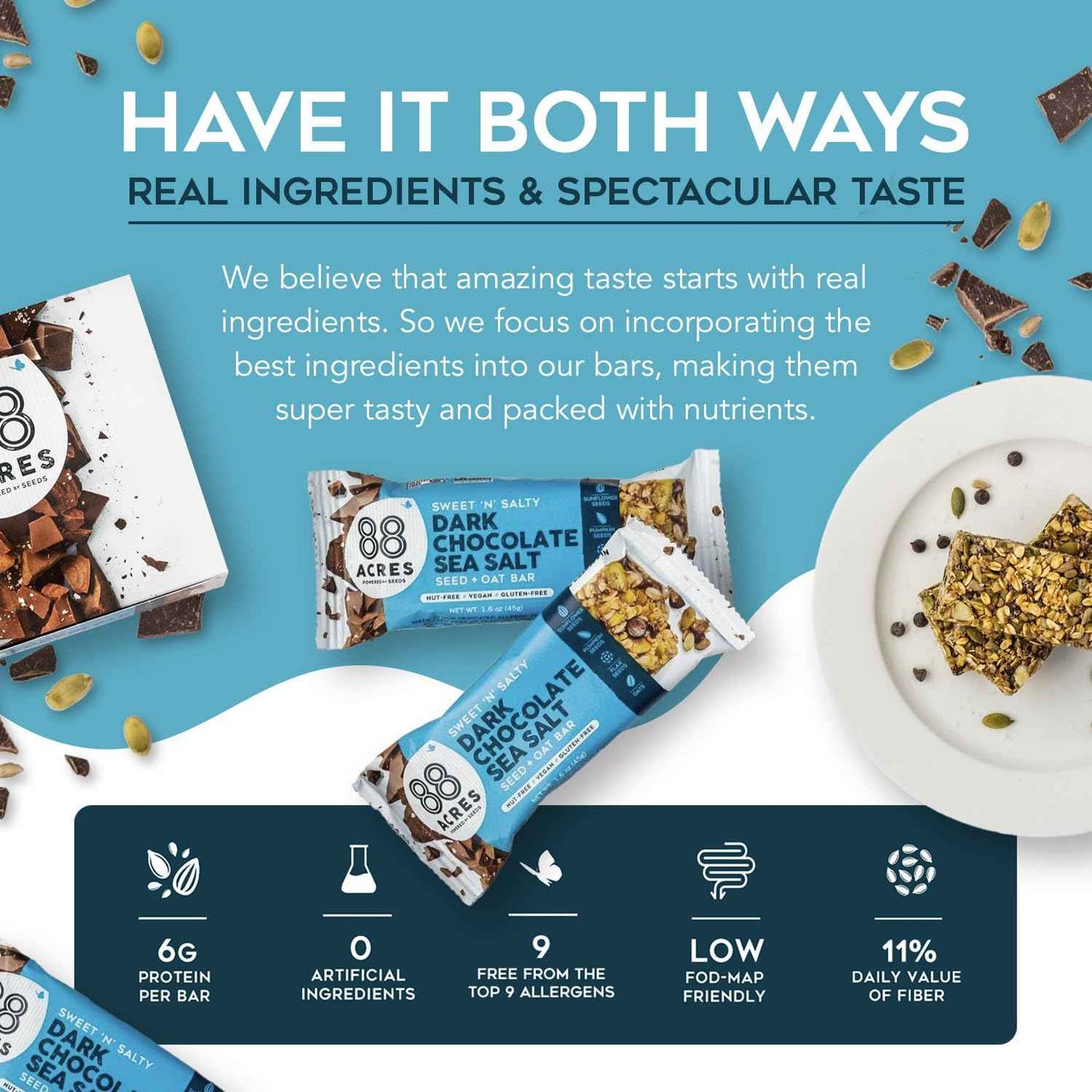88 Acres Dark Chocolate Sea Salt Seed Bar – Safe Classroom Treat for Allergy-Prone Kids, Pack of 2