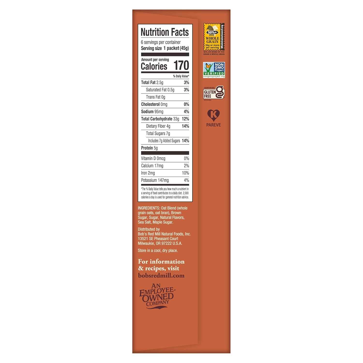 Bob's Red Mill Gluten Free Instant Oatmeal Maple Brown Sugar – Quick Commuter Breakfast for Office Mornings, 6 Pouches