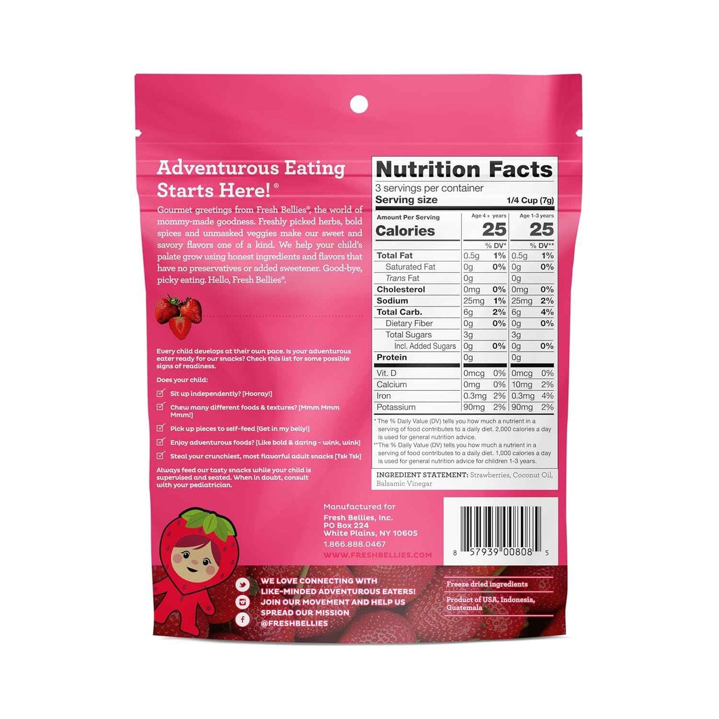 Fresh Bellies Freeze-Dried Strawberry Balsamic Snack Pouches – Healthy Toddler Snack for Daycare and Stroller Outings