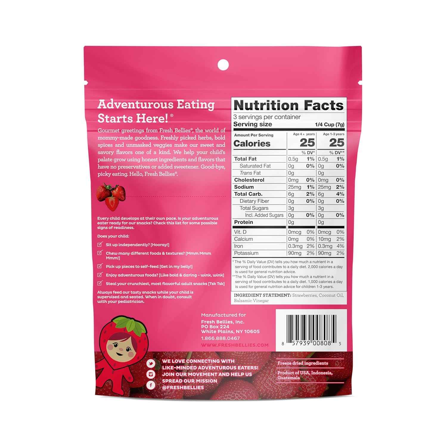 Fresh Bellies Freeze-Dried Strawberry Balsamic Snack Pouches – Healthy Toddler Snack for Daycare and Stroller Outings