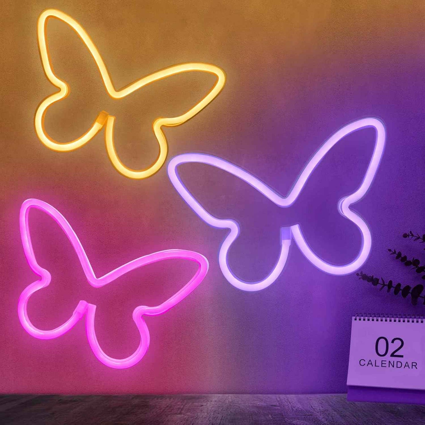 BRIGHTDECK 3-Piece Butterfly Neon Wall Art – Soft Glow Living Room and Dorm Room Decoration, Battery or USB Powered Accent Lighting