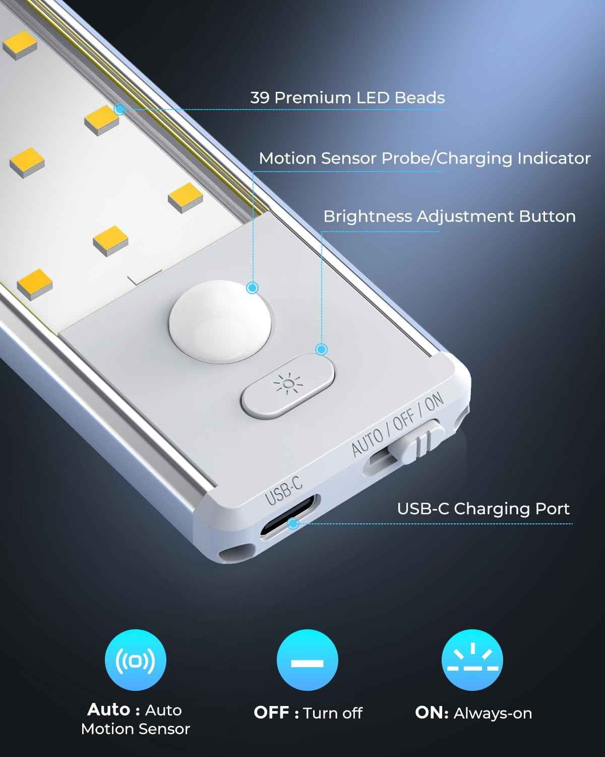LUMIORA Under Cabinet Task Light – 180 Lumen Motion Sensor LED for Home Office and Garage Workbench, Rechargeable 2 Pack