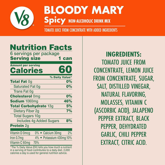 V8 Bloody Mary Spicy Cocktail Mix 6-Pack, Housewarming Gift for Home Bar Enthusiasts