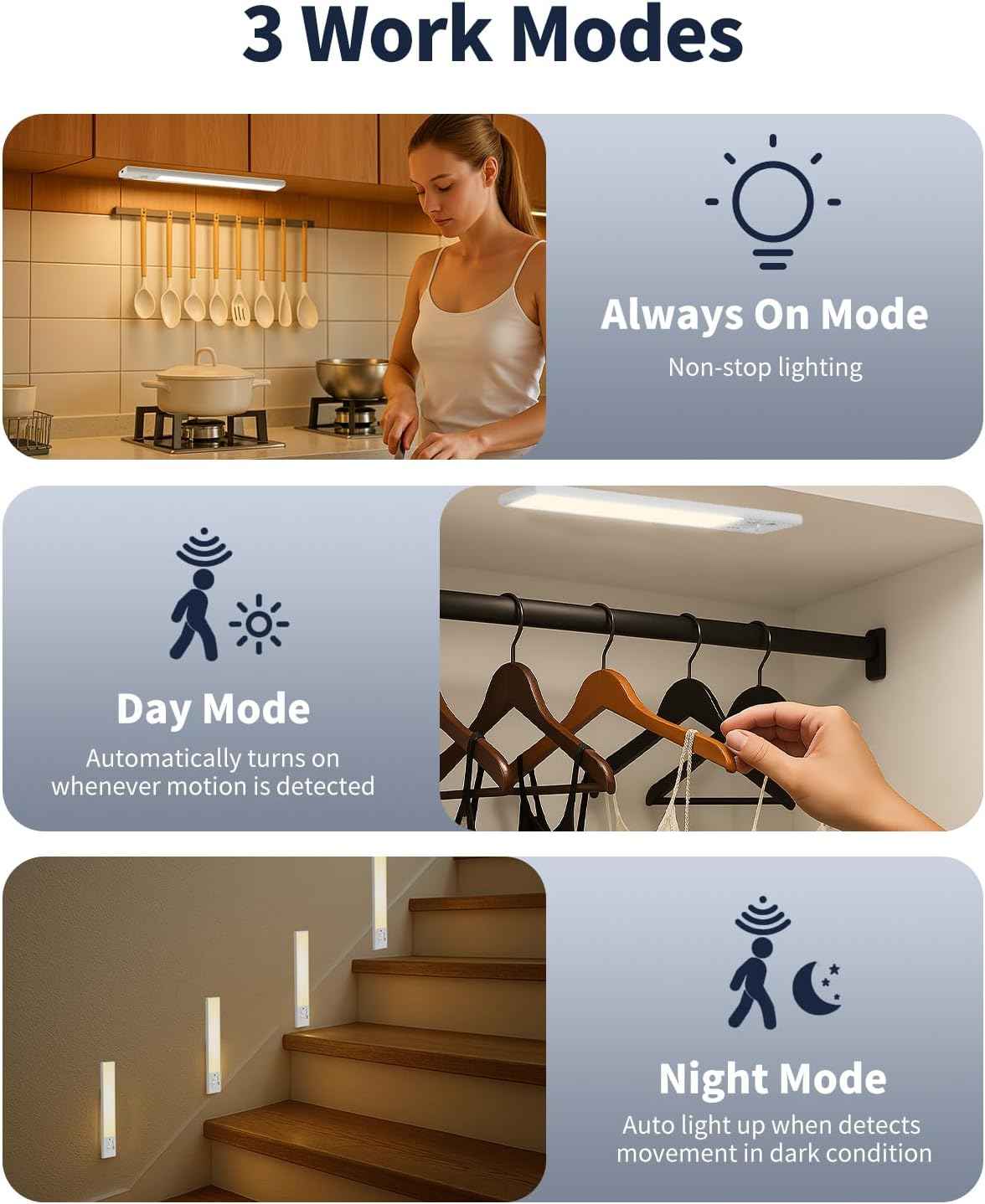 FBY Under Cabinet Lighting, Motion Sensor Night Lights for Stairs and Hallways to Prevent Nighttime Falls, 3-Pack USB Rechargeable LED Closet Lights