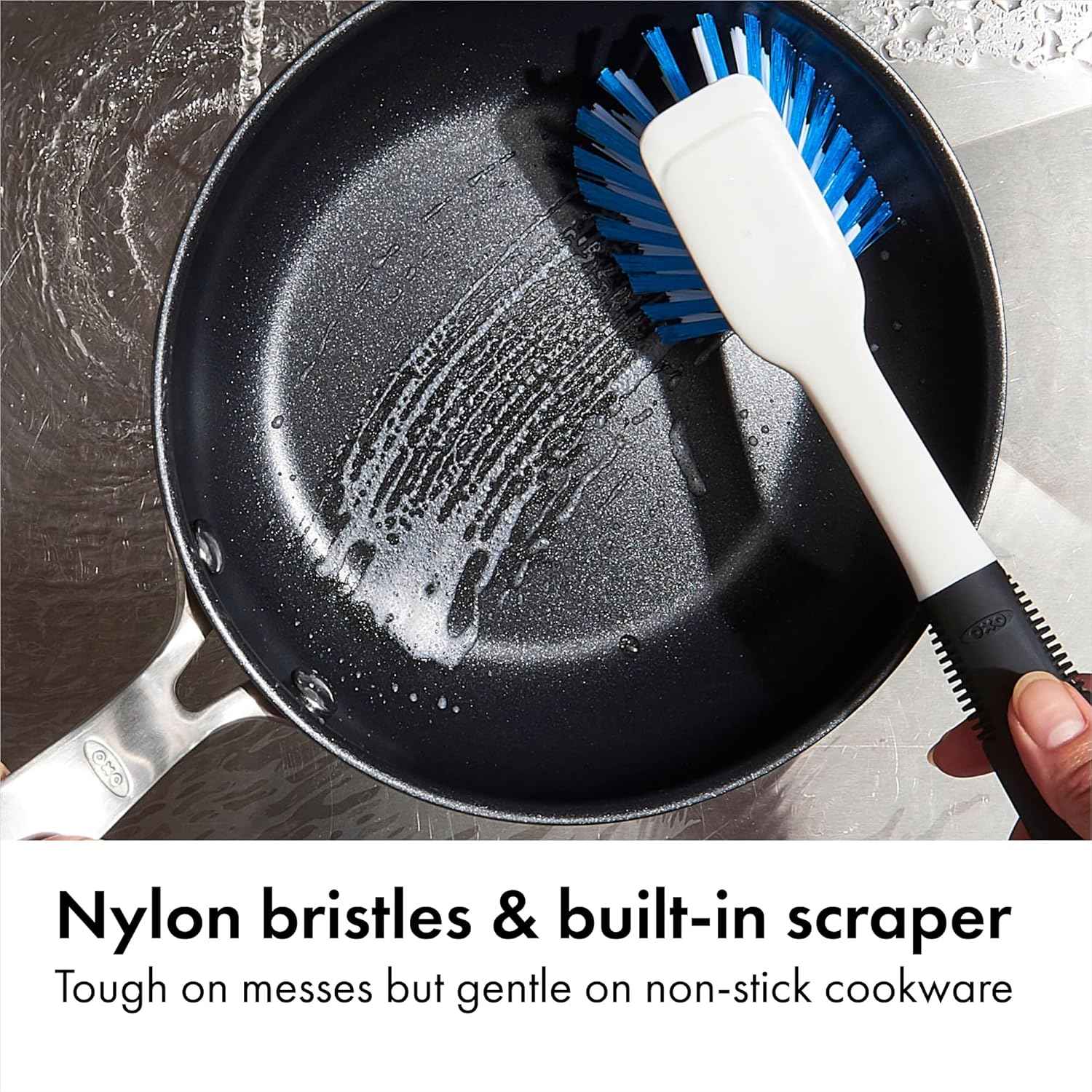OXO Good Grips Dish Brush – Galley Kitchen Cleanup Essential for Daily Meal Prep, Nylon Bristle Scrubber with Built-In Scraper