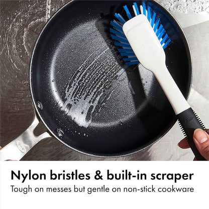 OXO Good Grips Dish Brush – Galley Kitchen Cleanup Essential for Daily Meal Prep, Nylon Bristle Scrubber with Built-In Scraper