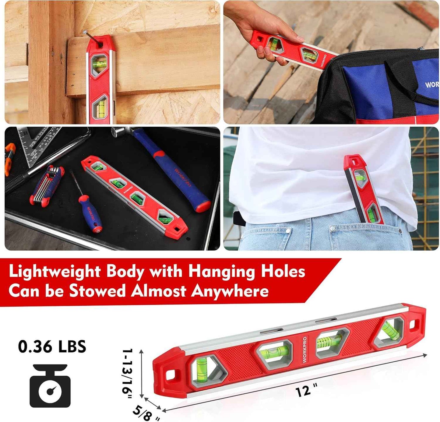 WORKPRO Compact Magnetic Torpedo Level - 12 Inch V-Groove Leveler for One-Person Shelf and Cabinet Installs