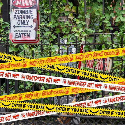 HauntHouse Halloween Caution Tape – Weatherproof Barrier for Patio, Driveway, and Walkway Marking