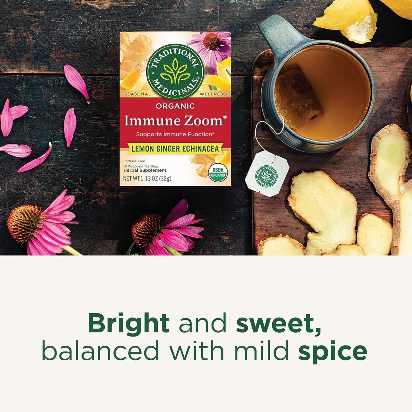 Traditional Medicinals Organic Immune Zoom Lemon Ginger Tea - Home Yoga Space Companion for Mindful Tea Moments