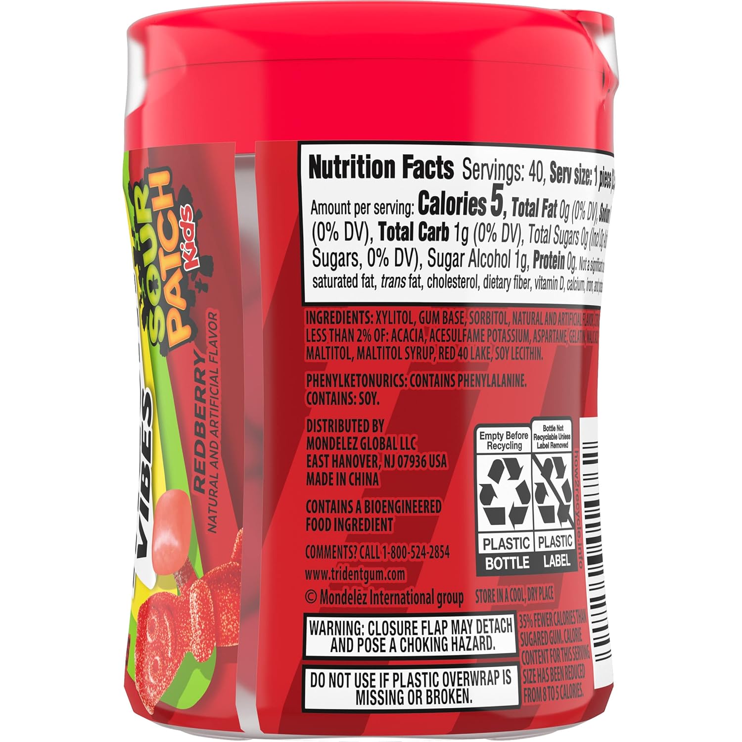 Trident Vibes SOUR PATCH KIDS Blue Raspberry Chewing Gum – Picnic and Outdoor Adventure Freshener, Resealable 160-Piece Pack