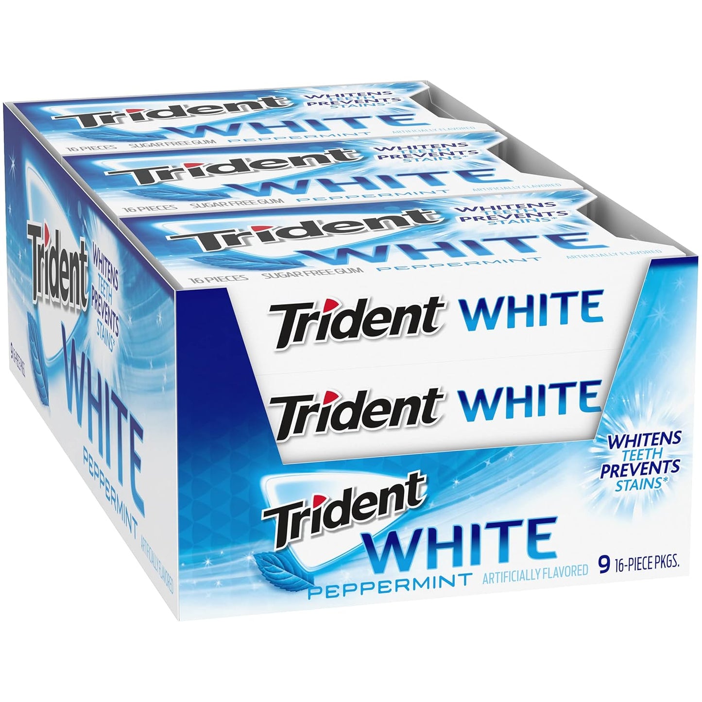 Trident White Sugar-Free Gum – Family-Stash Friendly Chewing Gum for Older Kids and Teens, 9 Packs of 16