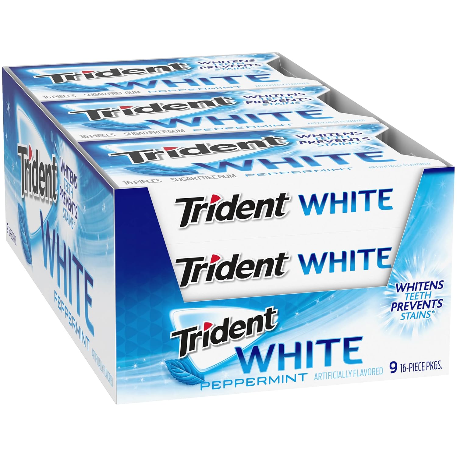 Trident White Sugar-Free Gum – Family-Stash Friendly Chewing Gum for Older Kids and Teens, 9 Packs of 16