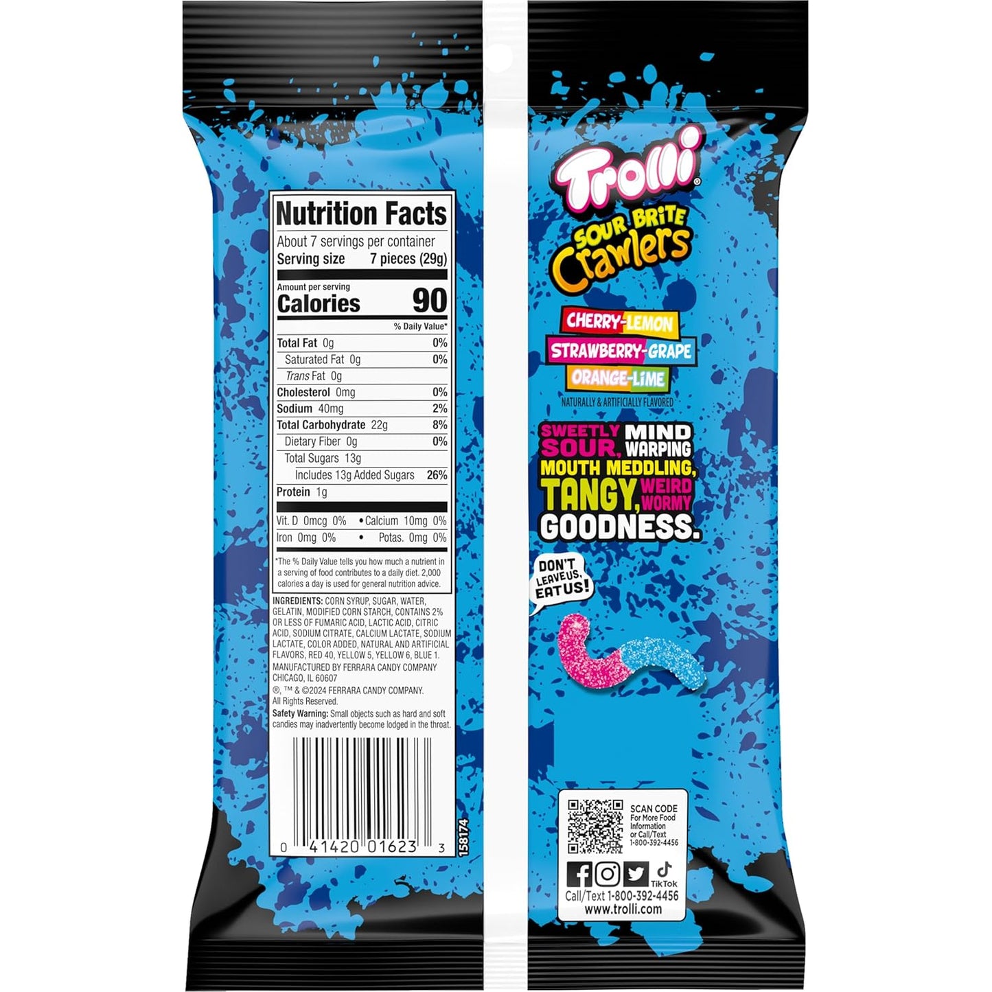 Trolli Sour Brite Crawlers Sour Worms – Resealable Travel Candy for Road Trips, Day Hikes and Outdoor Adventures, 7.2 oz