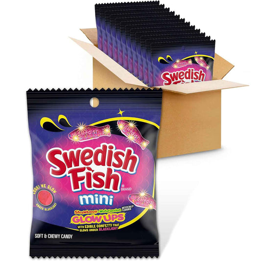 SWEDISH FISH Mini Glow Ups Gummy Candy – Kids Birthday Party Favor and Sleepover Snack, Bulk 12-Pack of 3.08 oz Glow-in-the-Dark Treat Bags