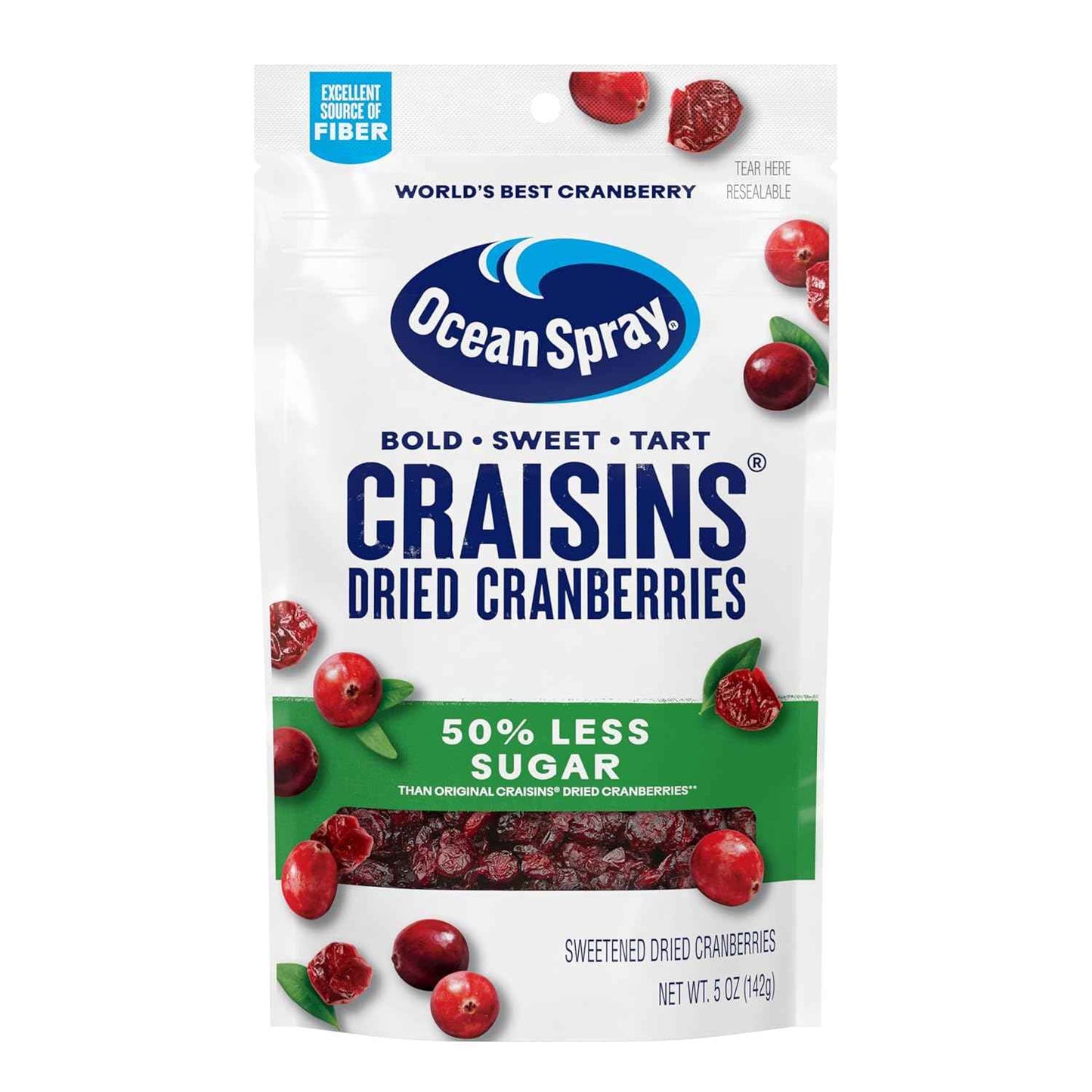 Ocean Spray Craisins 50% Less Sugar Dried Cranberries – Trail Mix Ingredient for Hiking and Camping, 5 oz Pouches, 12 Count