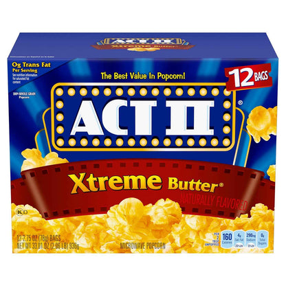 ACT II Xtreme Butter Microwave Popcorn, 33.01 oz Bulk Pack – Durable, Individually Sealed Snack for Road Trips, RV Travel, and Outdoor Get-Togethers