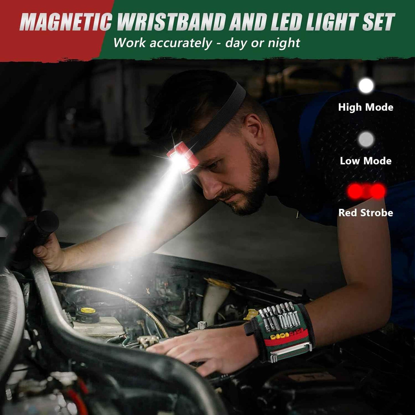 Magnetic Wristband with LED Light – Safer Alternative to Holding Screws in Mouth, Rechargeable LED Wrist Light for Dim Work Areas