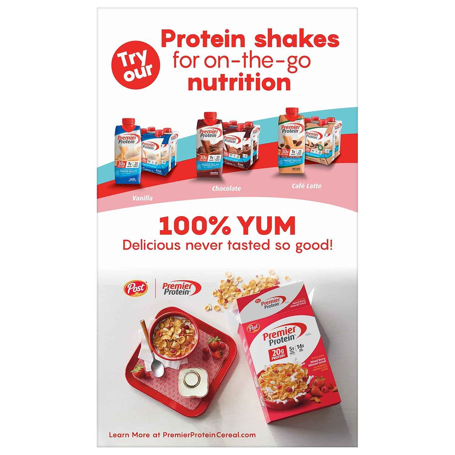 Post Premier Protein Chocolate Almond Cereal — Nutrient-Dense Wellness Pantry Staple, 20g Protein Flakes with Real Sliced Almonds