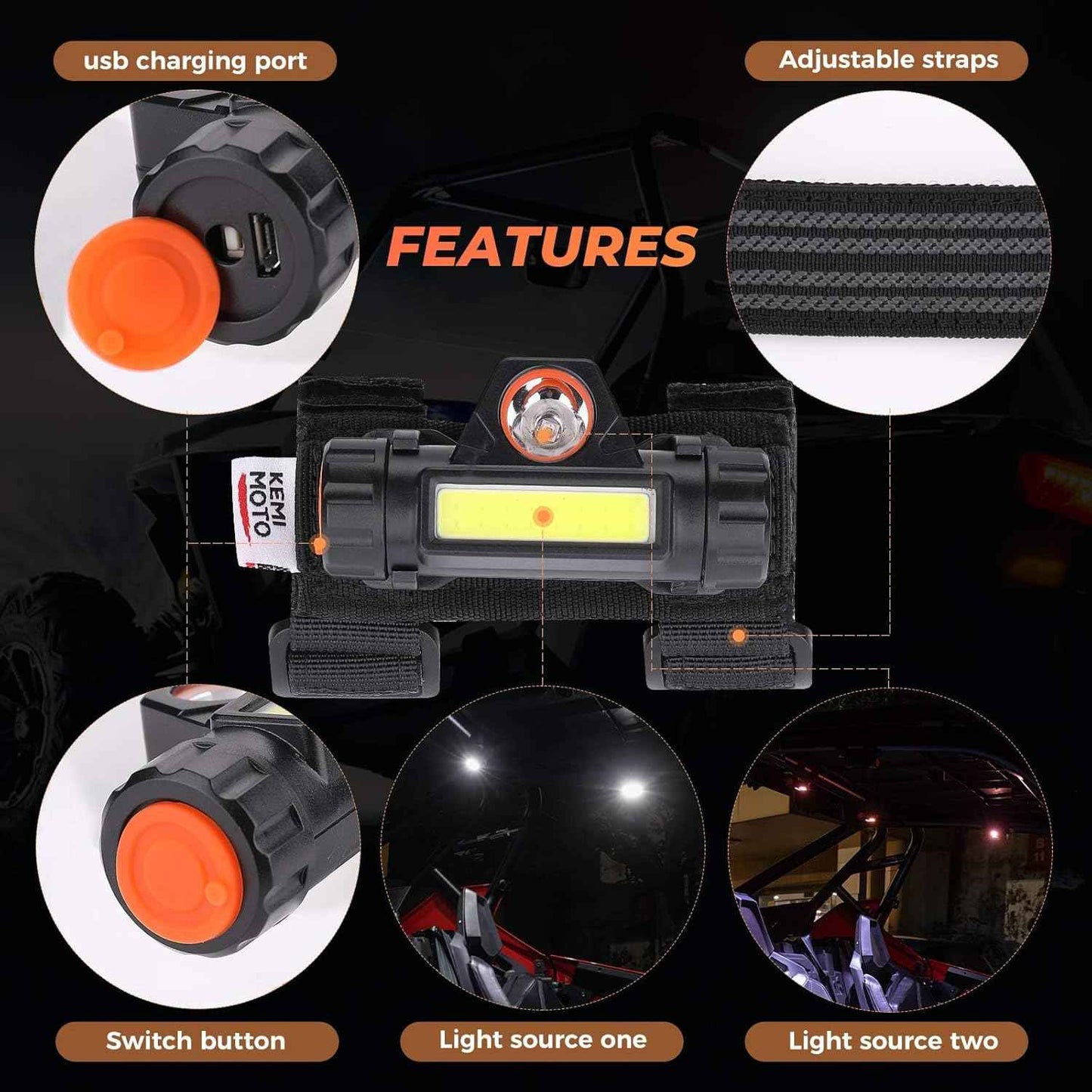 KEMIMOTO Roll Bar Dome Light Safer Hands Free Illumination for UTV ATV Night Riding and Mobility Scooter Visibility 1.5-2.0 in