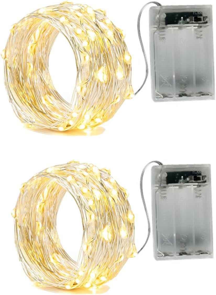 LUMIO Portable Fairy Lights 2-Pack for Patio and Camping – Battery Operated Silver Wire LED String Lights 16.4ft Warm White, No Outlet Needed