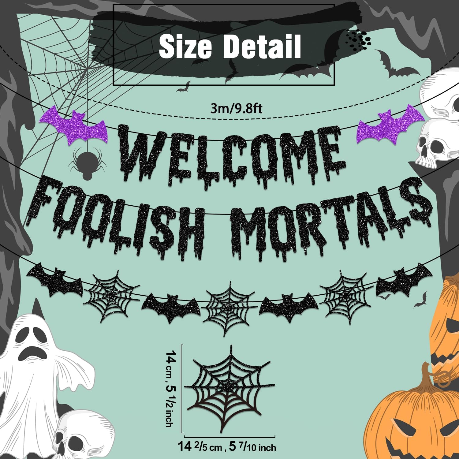 two-piece set: 'welcome foolish mortals' banner and hanging bat banner