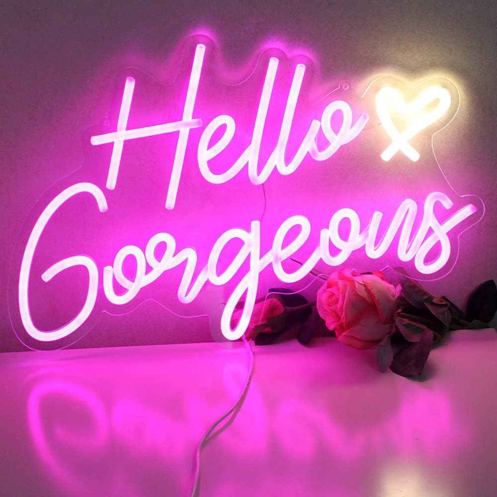 Hello Gorgeous Neon Sign – Pink LED Wall Light for Bedroom Aesthetic, Dimmable USB Decor with Hanging Chain