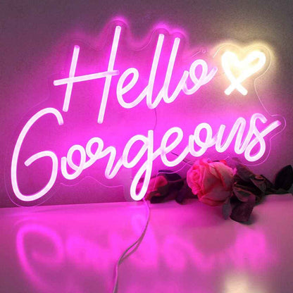 Hello Gorgeous Neon Sign – Pink LED Wall Light for Bedroom Aesthetic, Dimmable USB Decor with Hanging Chain