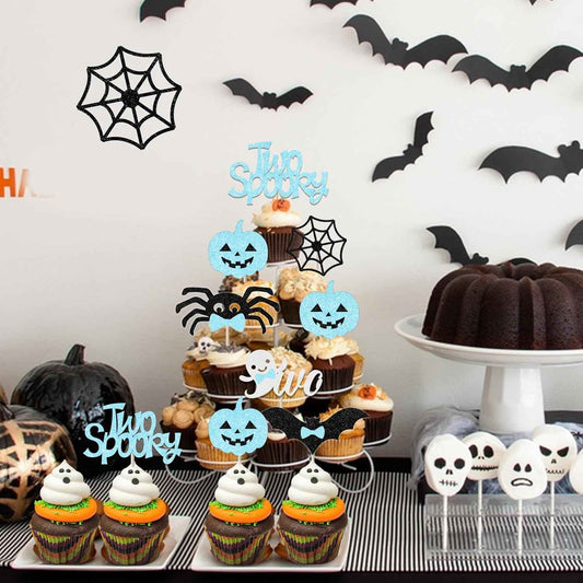 Two Spooky 2nd Birthday Cupcake Toppers Gift Set for Boy, 36Pcs Blue Black Halloween Dessert Decor Surprise Gift for Mom Hostess Halloween Party Setup