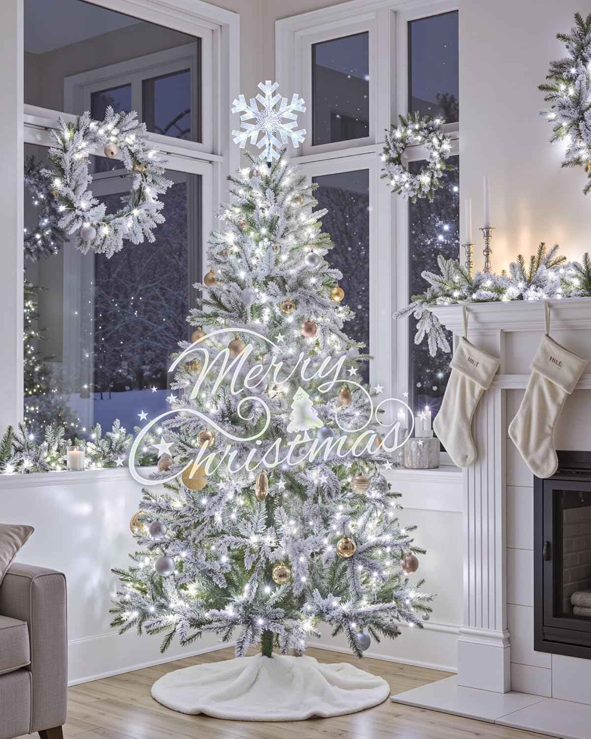 Brightown 3D Snowflake Christmas Tree Topper – Cozy Bedroom and Family Room Holiday Centerpiece, Built-in 15 Cool White Bulbs