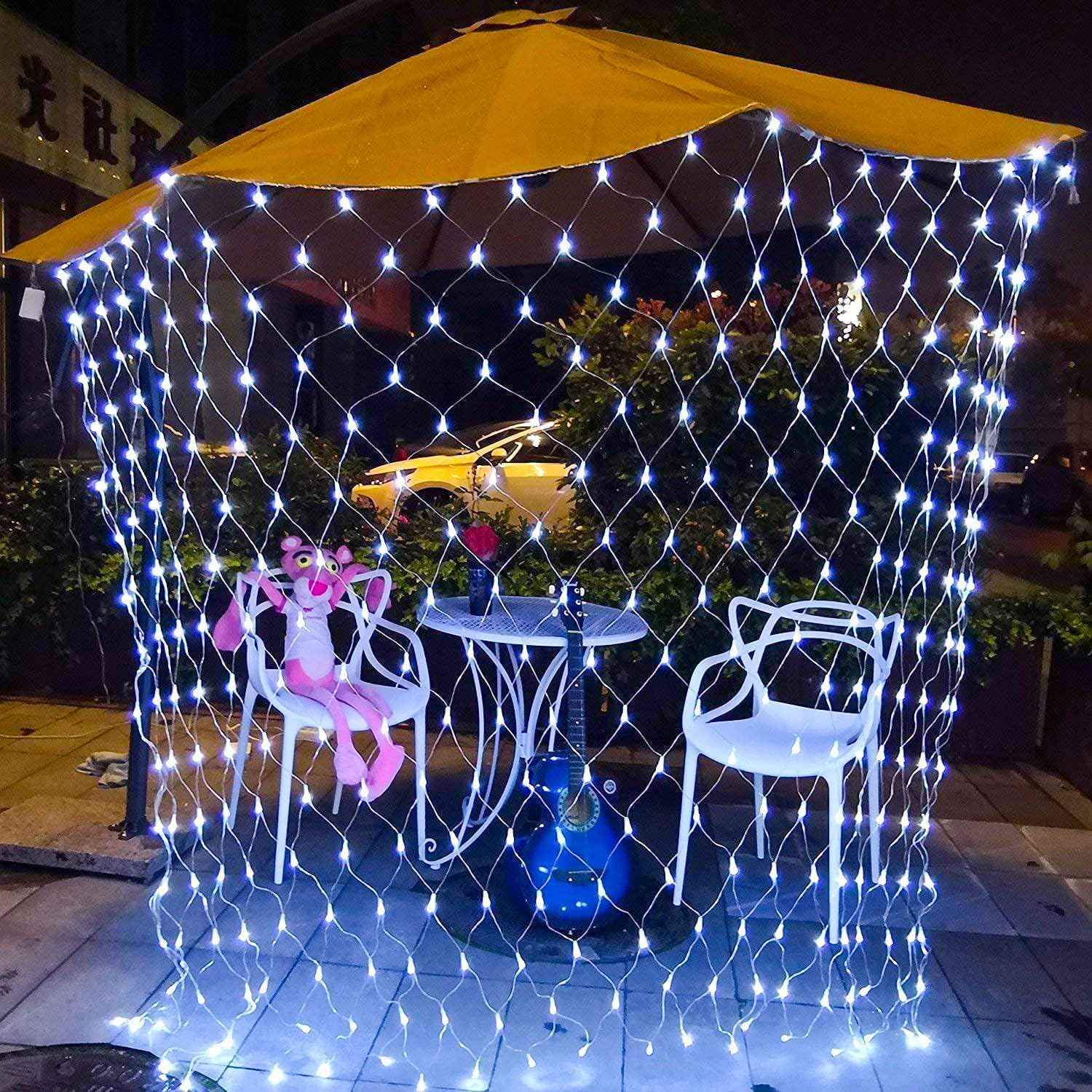 JMEXSUSS Outdoor Net Mesh Lights – 12ft x 5ft Patio and Garden String Lights with 8 Modes and Timer