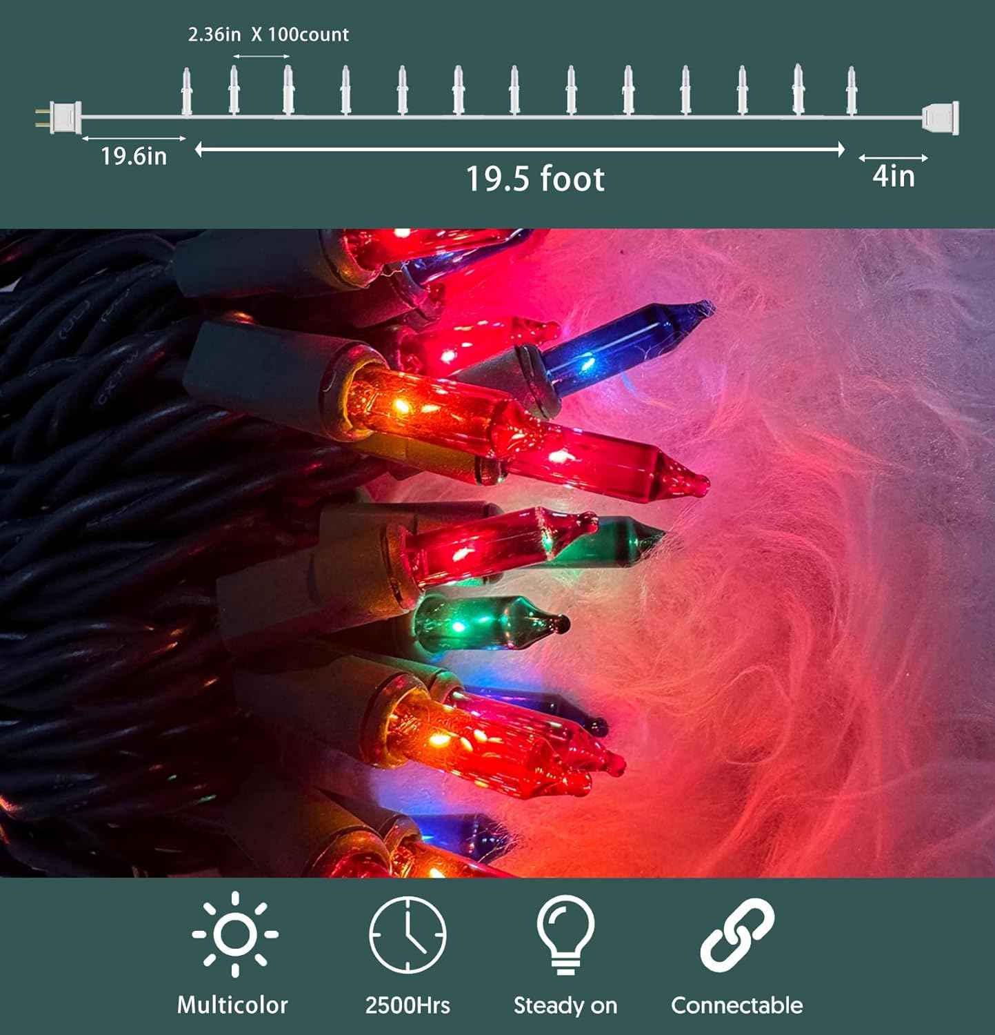 HISHINY Christmas Lights 100 Count Multicolor String Lights for Living Room Tree, Cozy Holiday Home Aesthetic, Green Wire Indoor Mini Lights 21 ft