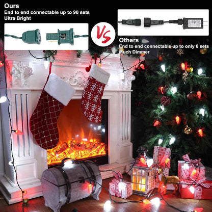 Brizled Red & Cool White C9 LED Lights – Cozy Holiday Ambiance for Bedroom and Dining Room Decor