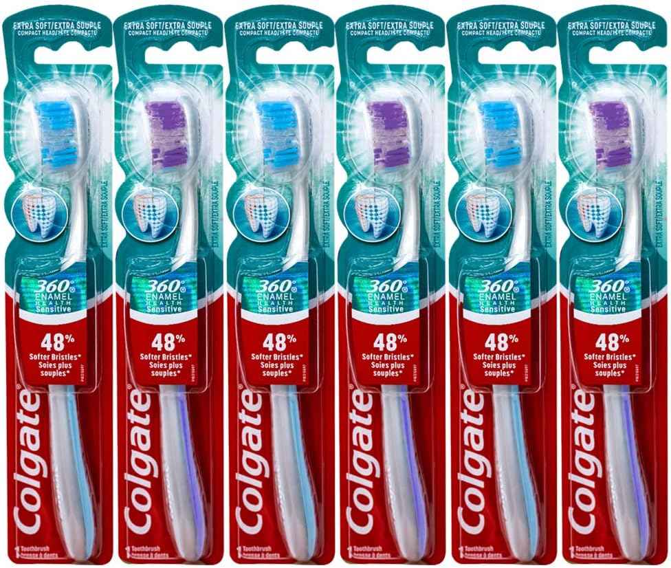 Colgate 360 Enamel Health Sensitive Toothbrush – Gentle Daily Brushing for Sensitive Teeth, Compact Soft Head, Pack of 6