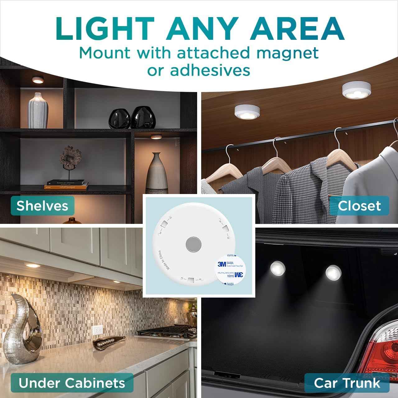 Brilliant Evolution Round LED Puck Lights – Stylish Cordless Fixtures for Floating Shelves and Vanity Counters, Pack of 2