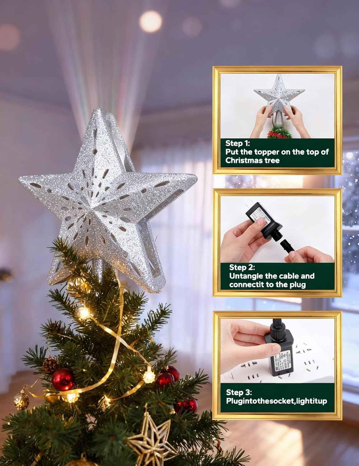 DG-Direct Lighted Star Christmas Tree Topper with Snowflake Projector – Flame-Free, Cool-to-Touch Holiday Decor for Kids' Rooms & Playrooms