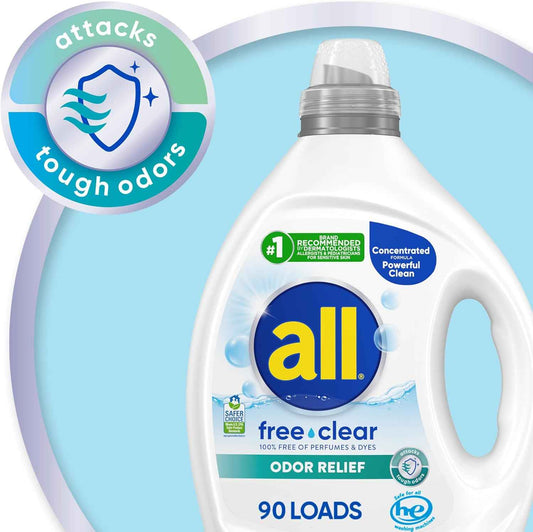all Laundry Detergent Liquid Free Clear for Sensitive Skin – Eczema-Friendly Wash for Mindful Self-Care Routines, Unscented 90 Loads