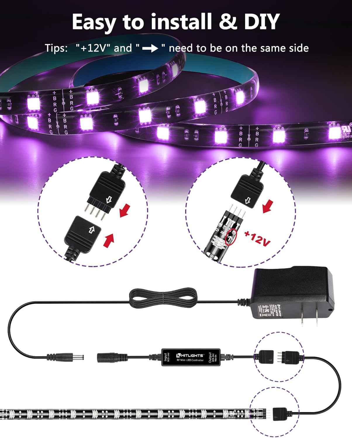 HitLights LED Strip Lights – Cozy Living Room Accent Lighting, Dimmable RGB Tape for Behind TV and Media Wall