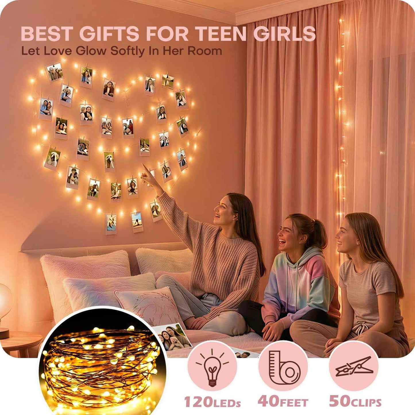 Teen Girl Gifts Photo Clips Lights - 40FT 120LED Fairy String Lights for Bedroom Wall, Birthday Present for Girls 10 12 14 16 Year Old