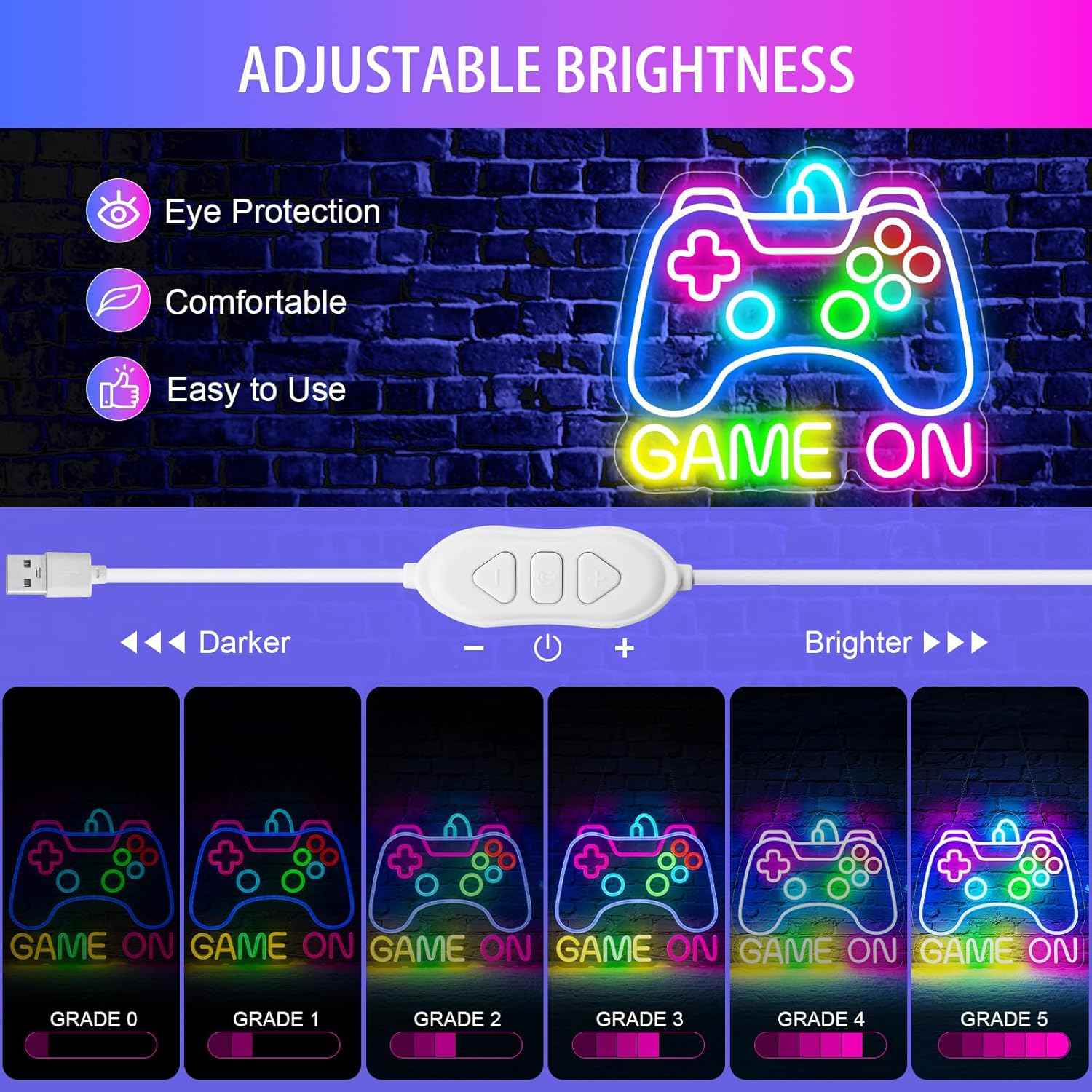 Gamer Neon Sign, USB Powered Gamepad Light - Cool Birthday Gift for Teen Boys, Dimmable Gaming Room Wall Decor for Gamer Kids
