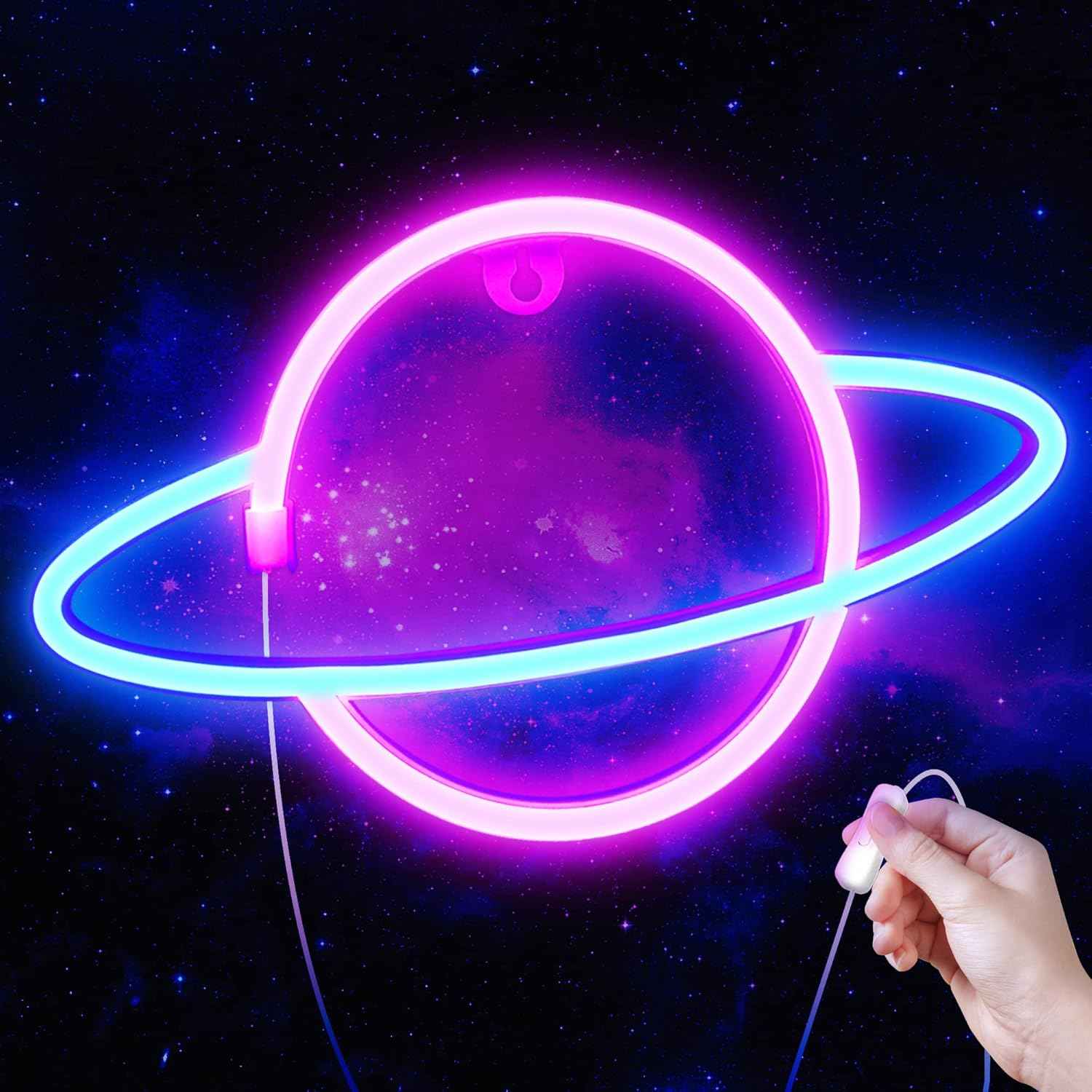 Lumoonosity Planet Neon Sign - Child Friendly LED Night Light for Kids Bedroom and Playroom, Cool Touch Saturn Wall Decor, USB Powered with On/Off Switch