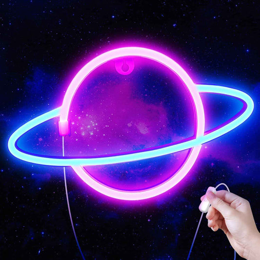 Lumoonosity Planet Neon Sign - Child Friendly LED Night Light for Kids Bedroom and Playroom, Cool Touch Saturn Wall Decor, USB Powered with On/Off Switch
