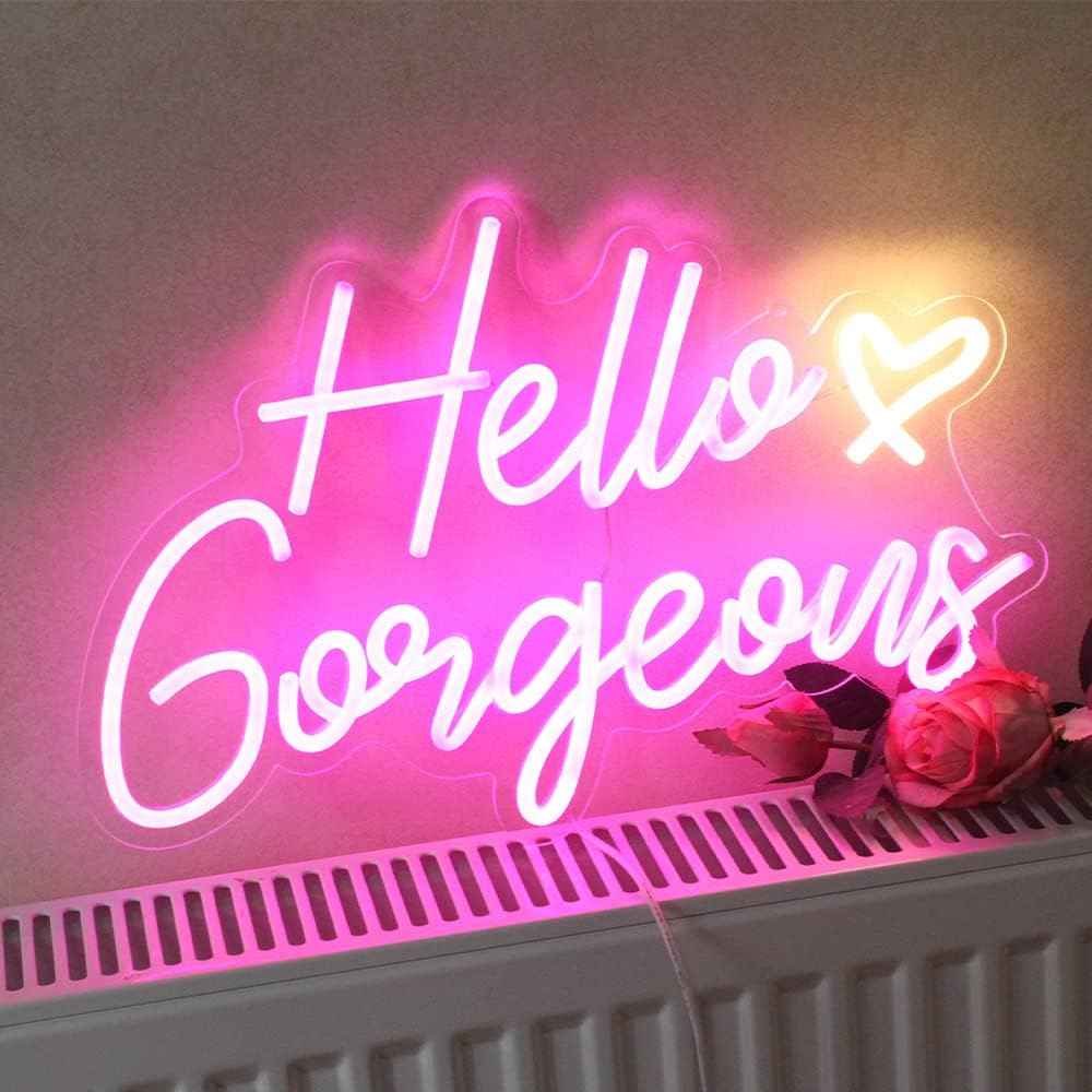 Hello Gorgeous Neon Sign – Pink LED Wall Light for Bedroom Aesthetic, Dimmable USB Decor with Hanging Chain